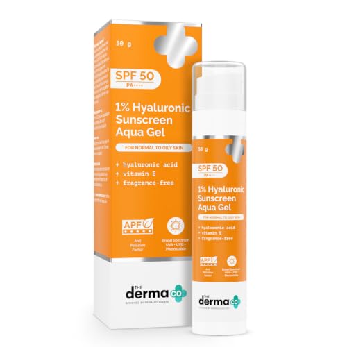 The Derma Co 1% Hyaluronic Sunscreen Aqua Gel SPF 50 PA++++ | Hydrating, Lightweight & Non-Greasy | No White Cast | Broad Spectrum & Blue Light Protection | Clinically Tested - (In-Vivo) | PPD-39 | 50 g 1