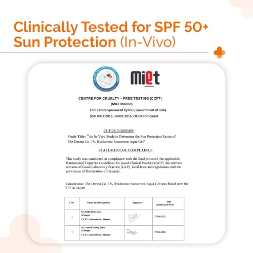 The Derma Co 1% Hyaluronic Sunscreen Aqua Gel SPF 50 PA++++ | Hydrating, Lightweight & Non-Greasy | No White Cast | Broad Spectrum & Blue Light Protection | Clinically Tested - (In-Vivo) | PPD-39 | 50 g 4