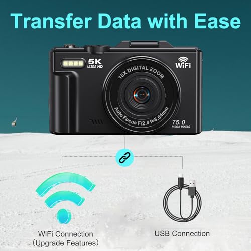 5K Digital Camera for Photography - 75MP WiFi Vlogging Camera for YouTube - UHD 18X Zoom Digital Cameras with Flip Screen 3" 180° - Travel Flash Camara for Beginners & Adults 5