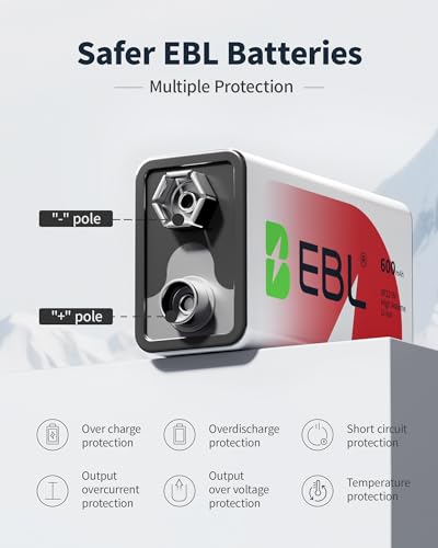 EBL 9V Rechargeable Batteries Lithium Ion 600mAh with Smart Charger, Long Lasting 9 Volt Li-ion Battery 2 Pack for Smoke Detector, Alarm 4