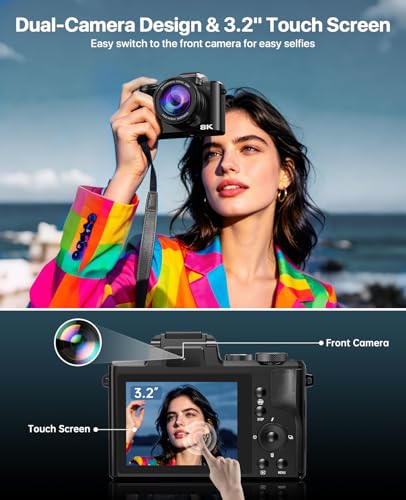 8K Digital Cameras for Photography, 2026 Autofocus 88MP WiFi Professional Photography Camera with Dual-Lens for YouTube, 16X Digital Zoom, TF Card, Lens Hood, Touch Screen,2 Batteries & Charging Stand 4