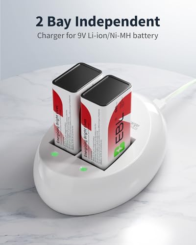 EBL 9V Rechargeable Batteries Lithium Ion 600mAh with Smart Charger, Long Lasting 9 Volt Li-ion Battery 2 Pack for Smoke Detector, Alarm 6