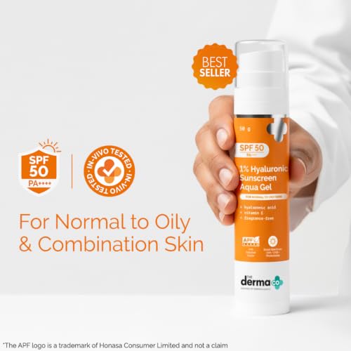 The Derma Co 1% Hyaluronic Sunscreen Aqua Gel SPF 50 PA++++ | Hydrating, Lightweight & Non-Greasy | No White Cast | Broad Spectrum & Blue Light Protection | Clinically Tested - (In-Vivo) | PPD-39 | 50 g 2