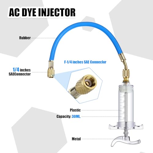 Tellegloww Leak Detector Kit R1234yf R134a R410a Oil and Dye Injectors Kit 30ml/1 oz Hand Push Compressor Dye Injector Refrigerant Leak Detector Tool Quick Coupler UV Flashlight Glasses 4