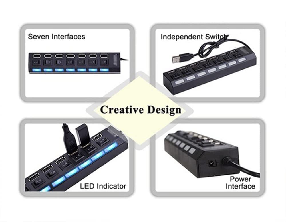 NARFIRE Home Office Black 7-Hole USB Multi Function with Independent Button 6