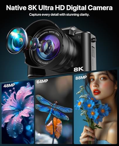8K Digital Cameras for Photography, 2026 Autofocus 88MP WiFi Professional Photography Camera with Dual-Lens for YouTube, 16X Digital Zoom, TF Card, Lens Hood, Touch Screen,2 Batteries & Charging Stand 3