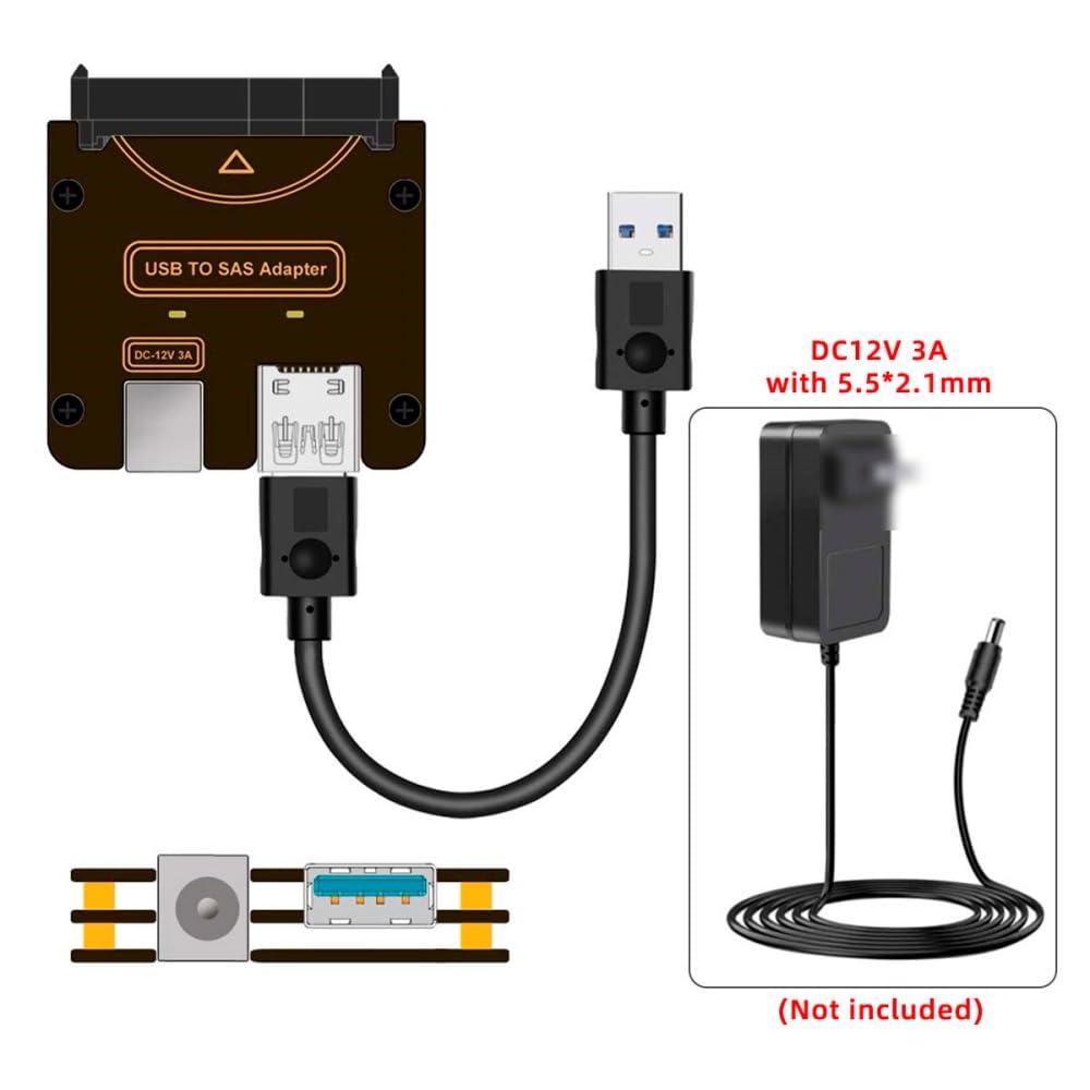 NFHK SFF-8482 SAS 29Pin to USB3.0 5Gbps Hard Disk Drive Raid Adapter with Chipset and Power Port (Need 12V/3A Power Supply) 3