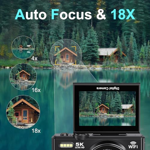 5K Digital Camera for Photography - 75MP WiFi Vlogging Camera for YouTube - UHD 18X Zoom Digital Cameras with Flip Screen 3" 180° - Travel Flash Camara for Beginners & Adults 4