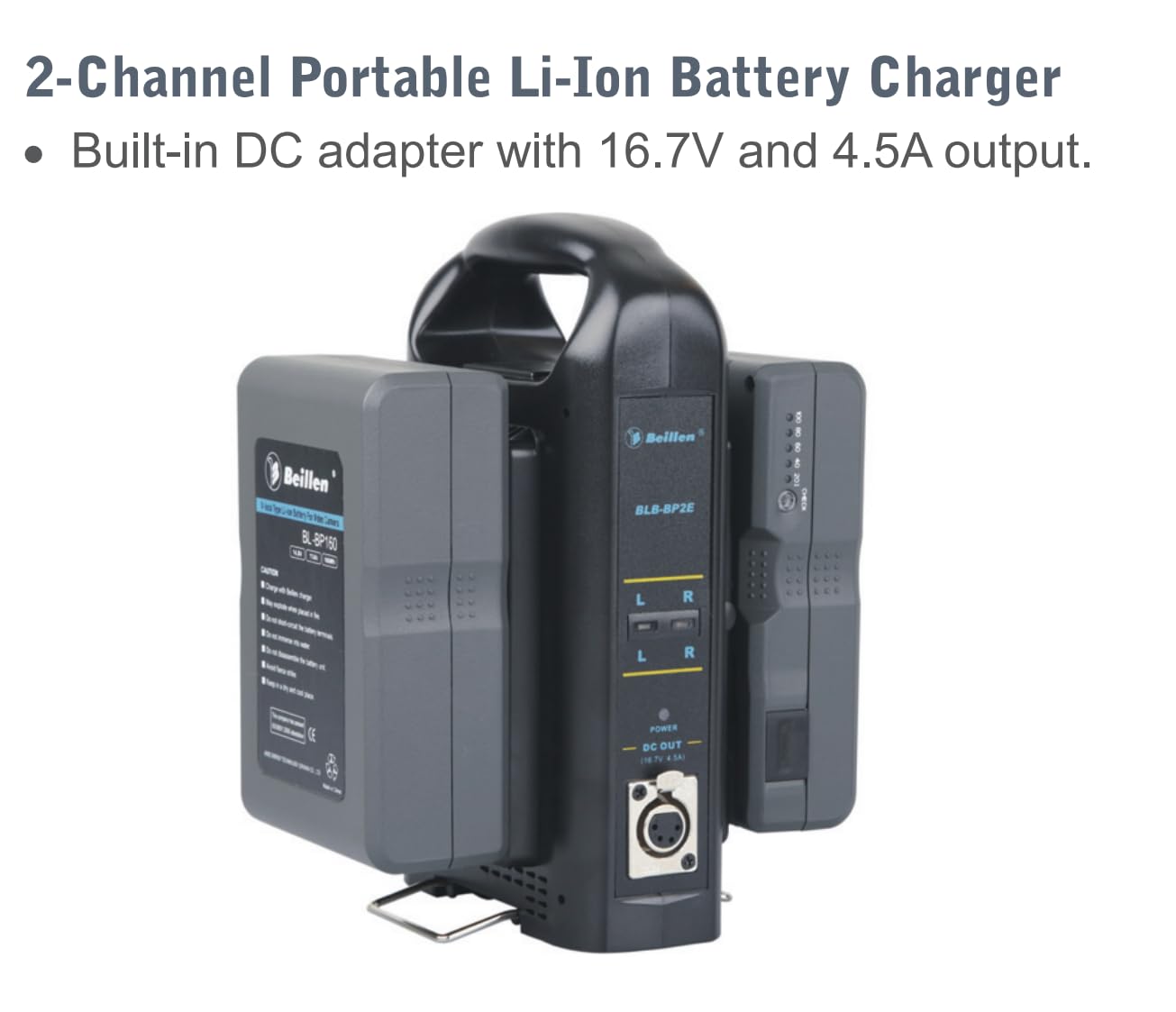 Beillen Dual Channel V-Mount/V Lock Battery Charger Compatible with All 14.4V/14.8V V-Mount Batteries, 2.5A/5A Charge Current, Built-in DC Adapter with 16.7V and 4.5A Output. 5