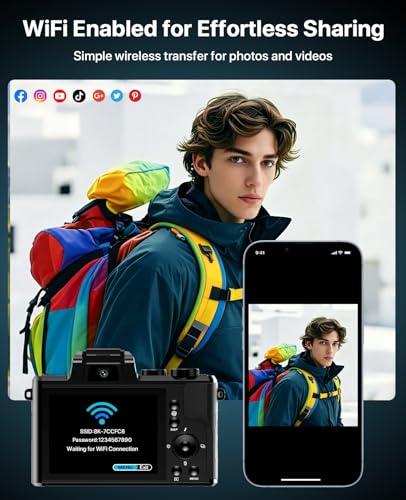 8K Digital Cameras for Photography, 2026 Autofocus 88MP WiFi Professional Photography Camera with Dual-Lens for YouTube, 16X Digital Zoom, TF Card, Lens Hood, Touch Screen,2 Batteries & Charging Stand 5
