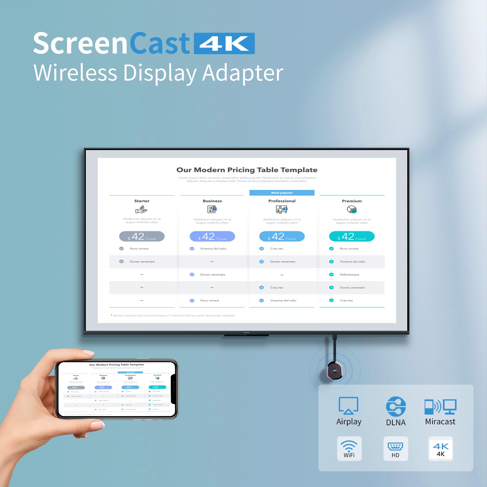 HRpart 4K Wireless Display Adapter Dongle,TV Adapter for The APP YouTube,for i-Phone, i-Pad, Android, Tablet, Laptop,Windows to HDTV/Monitor/Projector, Compatible Miracast, AirPlay, DLNA 3