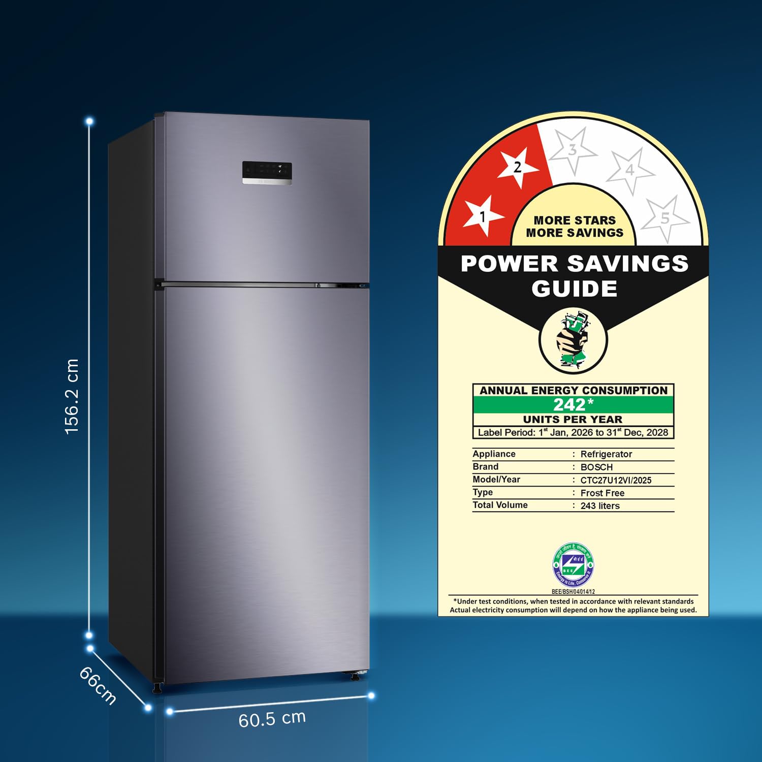 Bosch 243L, 2 Star, Frost Free Double Door Refrigerator | 6-in-1 Convertible Modes | 80min Convert | Touch Panel | Extend Cool up to 18 hrs | SuperFreeze (CTC27U12VI, Dark Lake, 2026) 2