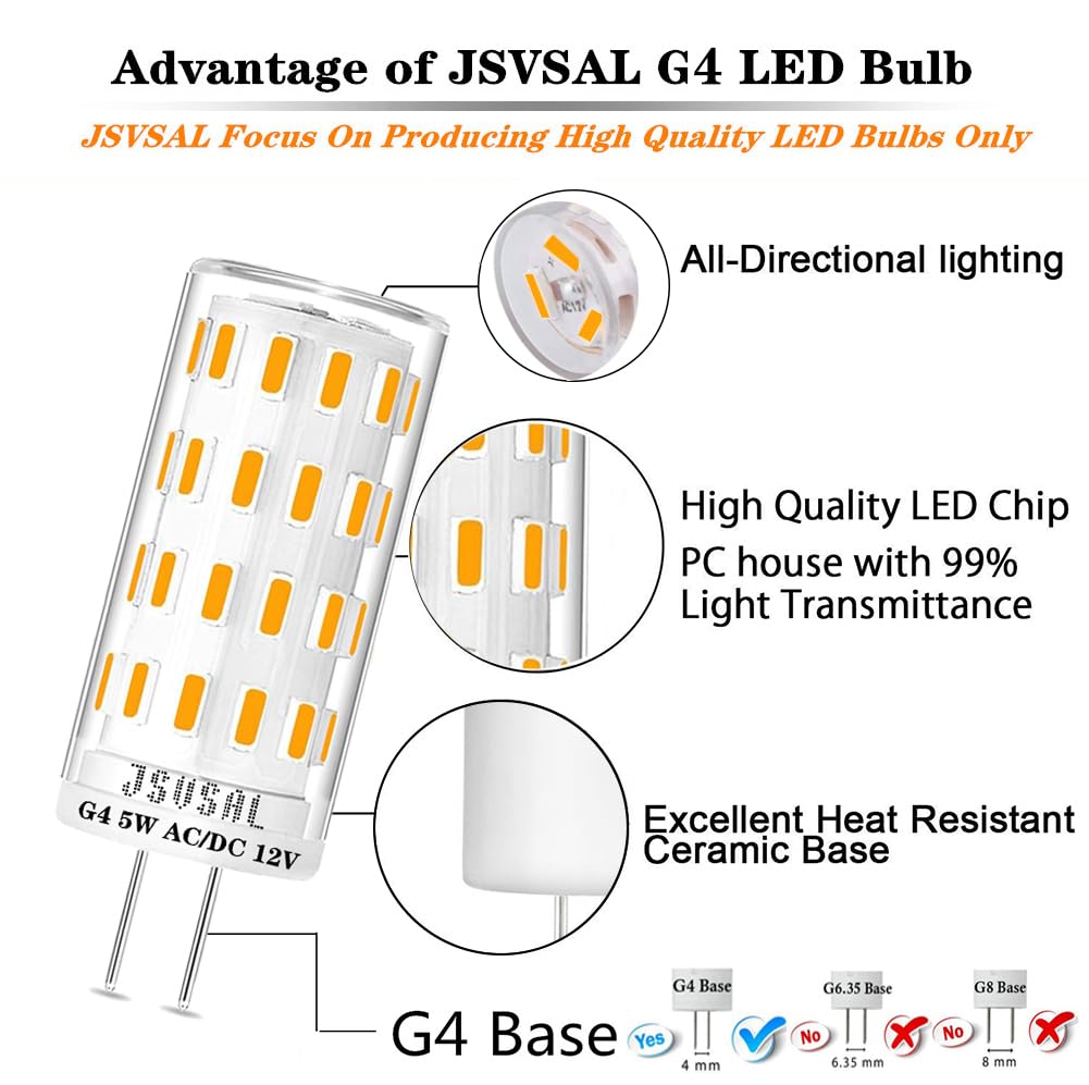 JSVSAL G4 LED Bulb Non Dimmable, 5W Soft White 3000K,Bi-pin T3 JC Type 12V AC/DC,T3 Halogen Bulb Equivalent for Landscape Lighting Deck Stair Step Path Paver Lights,Home Lighting,6-Pack 4