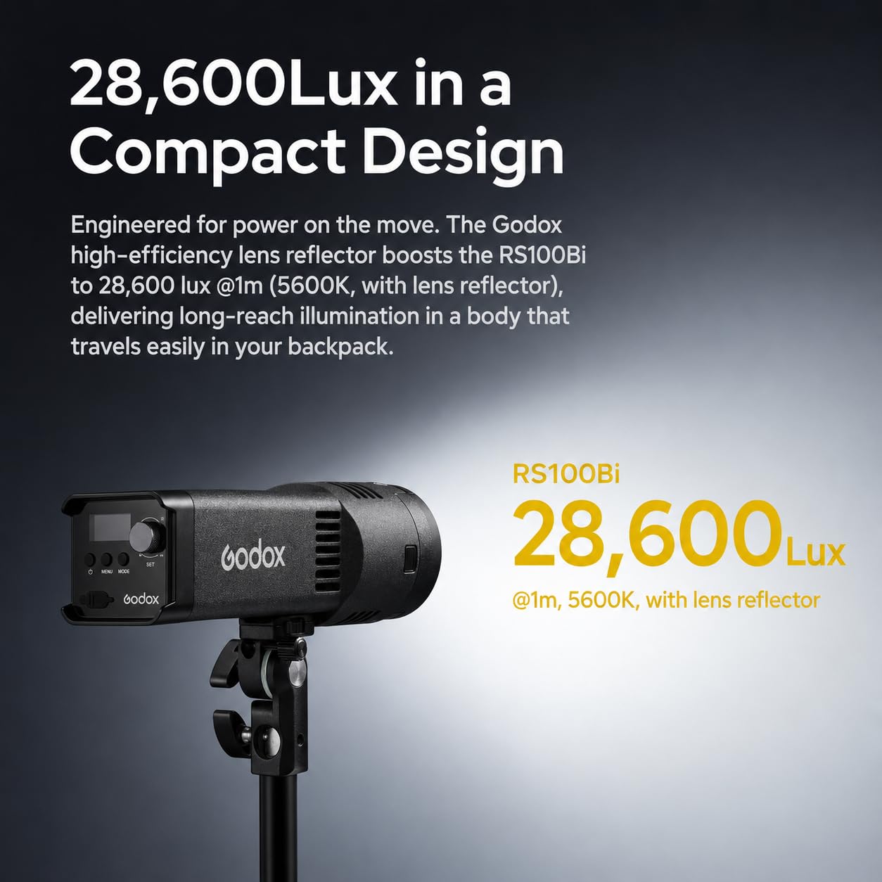 Godox RS100Bi 100W Bi-Color LED Video Light, Portable COB Photography Light, 2800K-6500K, CRI/TLCI 98, 28,600 Lux@1m, Built-in Battery, APP/DMX Control for Studio, Video, Streaming 6