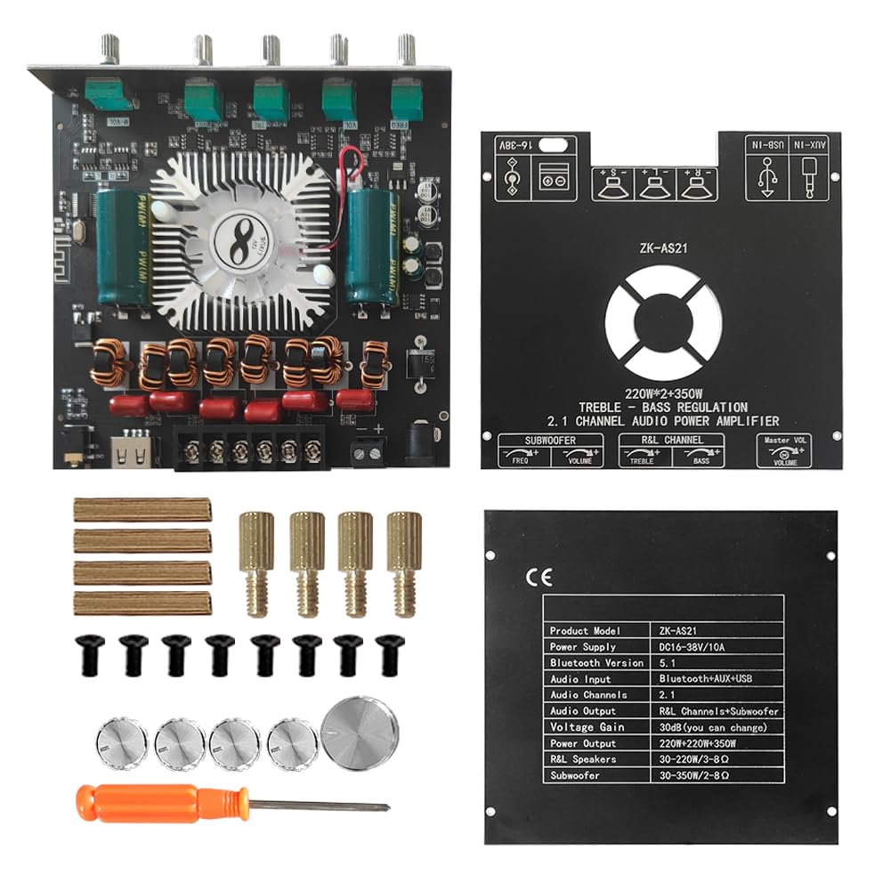 ZK AS21 Compact 2.1 Channel TPA3255 BT Digital Power Amplifier Board Module High and Low Tone Subwoofer Power Amplifier Board 220W 2 350W for Home Theater and Audio Enthusiasts 1