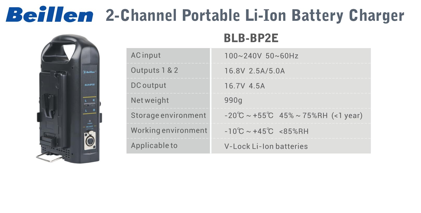 Beillen Dual Channel V-Mount/V Lock Battery Charger Compatible with All 14.4V/14.8V V-Mount Batteries, 2.5A/5A Charge Current, Built-in DC Adapter with 16.7V and 4.5A Output. 4