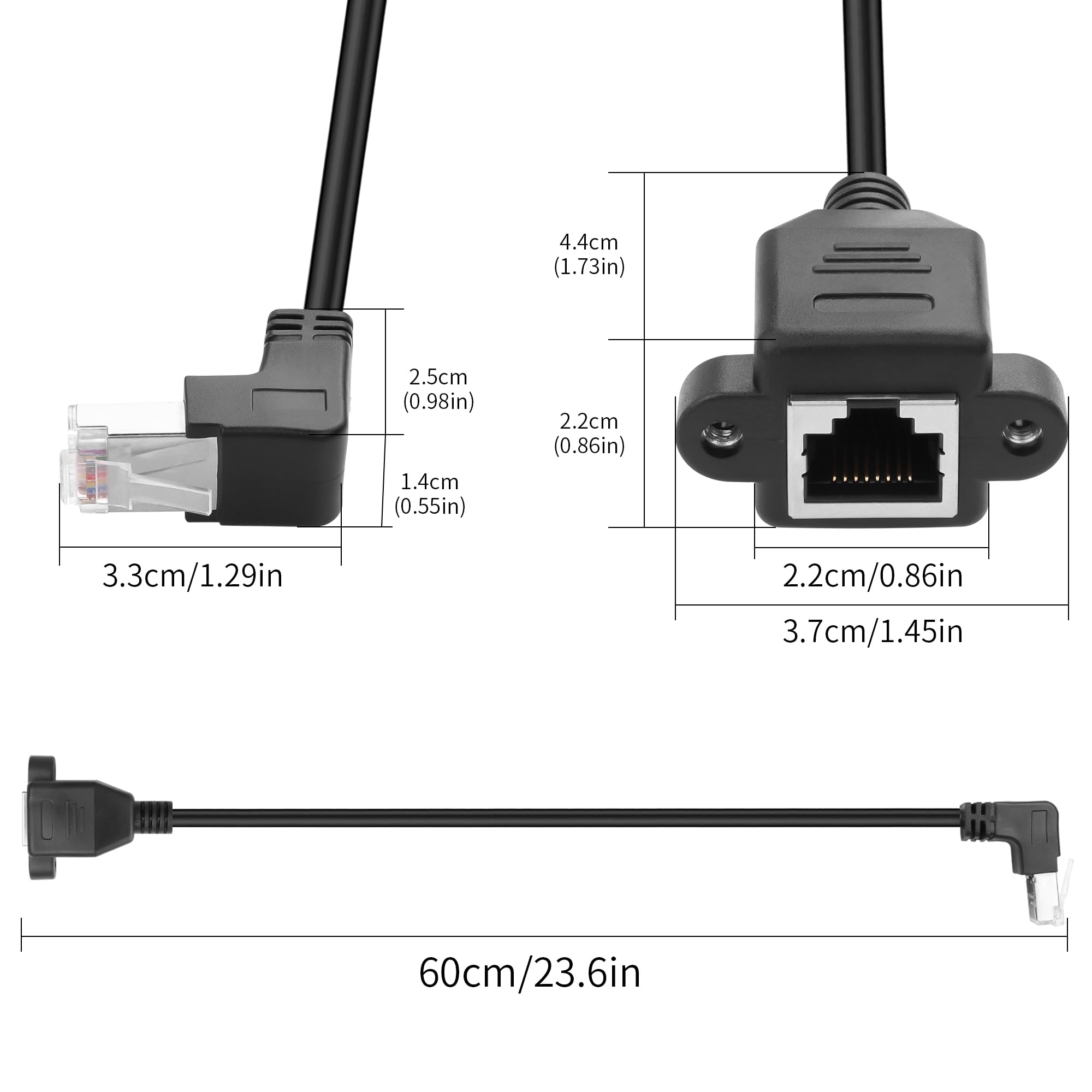 YACSEJAO 90 Degree Cat5e Ethernet Extension Cable 2FT/0.6M RJ45 Male to Female Shielded Ethernet Network Patch Cable with Panel Mounting Holes (Down Angle) 6