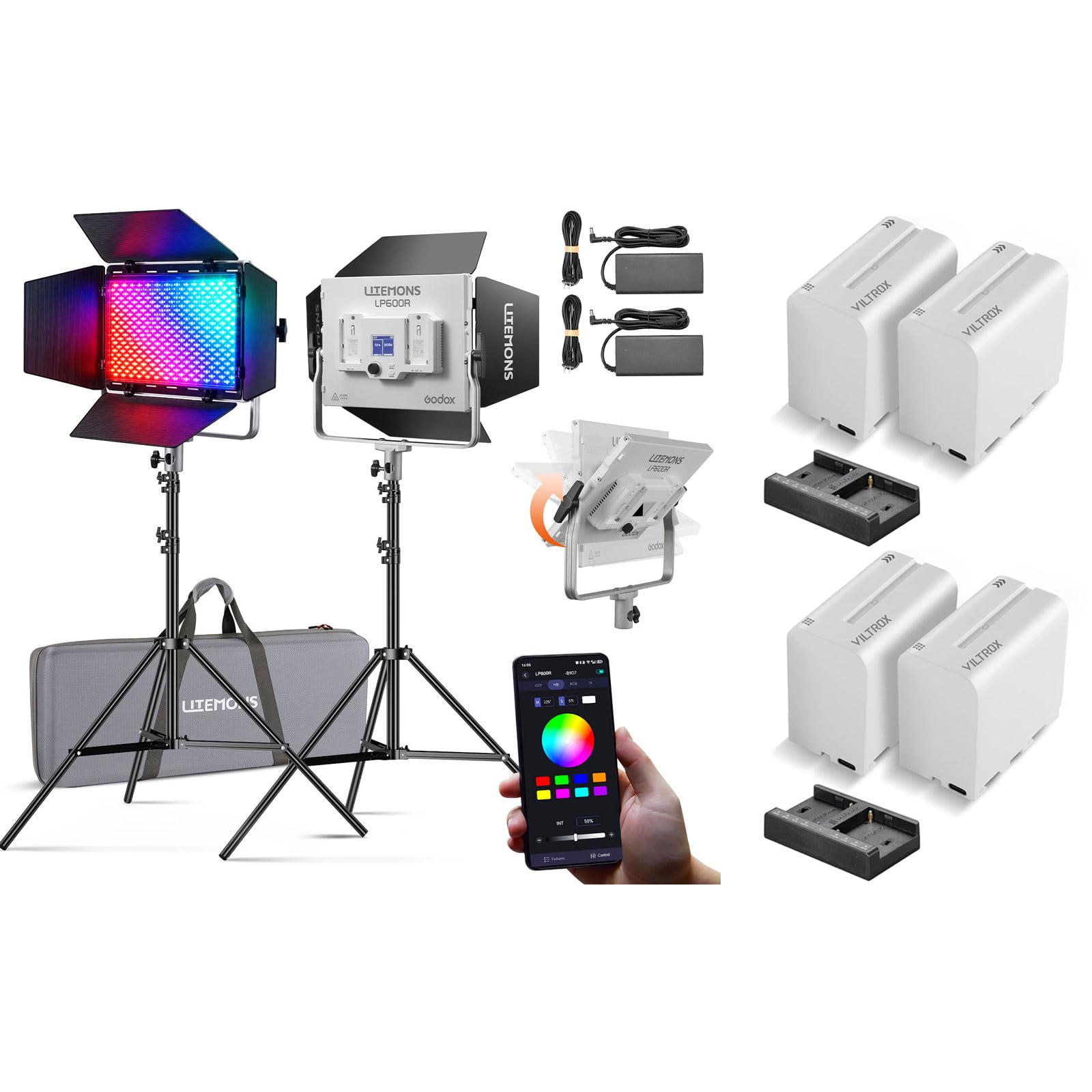 Godox Litemons LP600R RGB LED 2-Light Kit with 4-Pack NP-F970 Batteries & Chargers, 60W Full Color Light Bundle, 1800-10000K, 2 Light Stands & Case, Portable Dual Battery Power for Video Recording 1