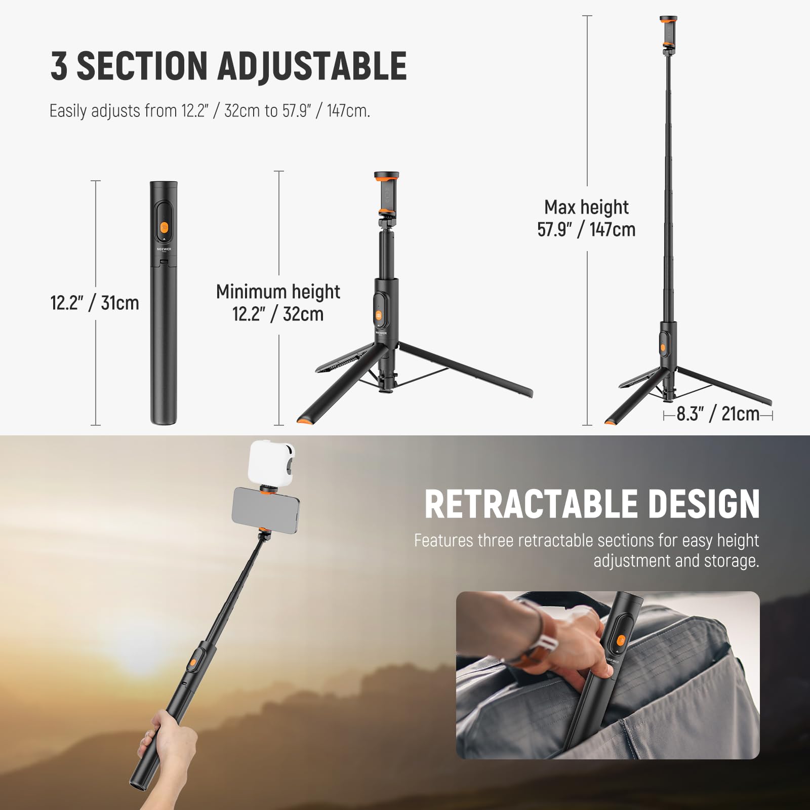 NEEWER 57.9" Selfie Stick Tripod Compatible with iPhone Samsung Android, Metal Portable Lightweight Travel Cell Phone Stand with Phone Holder Mount & Remote for Video Recording Filming, PA992 Black 3