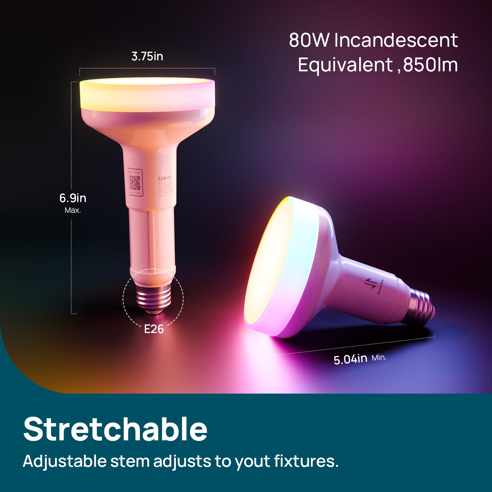 Linkind Matter BR30 Smart Light Bulbs with Stretchable Design & 4-Zone Aurascape Color, 850LM Recessed Smart Flood Light Bulb, Works with Alexa/Apple Home/Google Home, Music Sync Light Show, 2 Pack 4