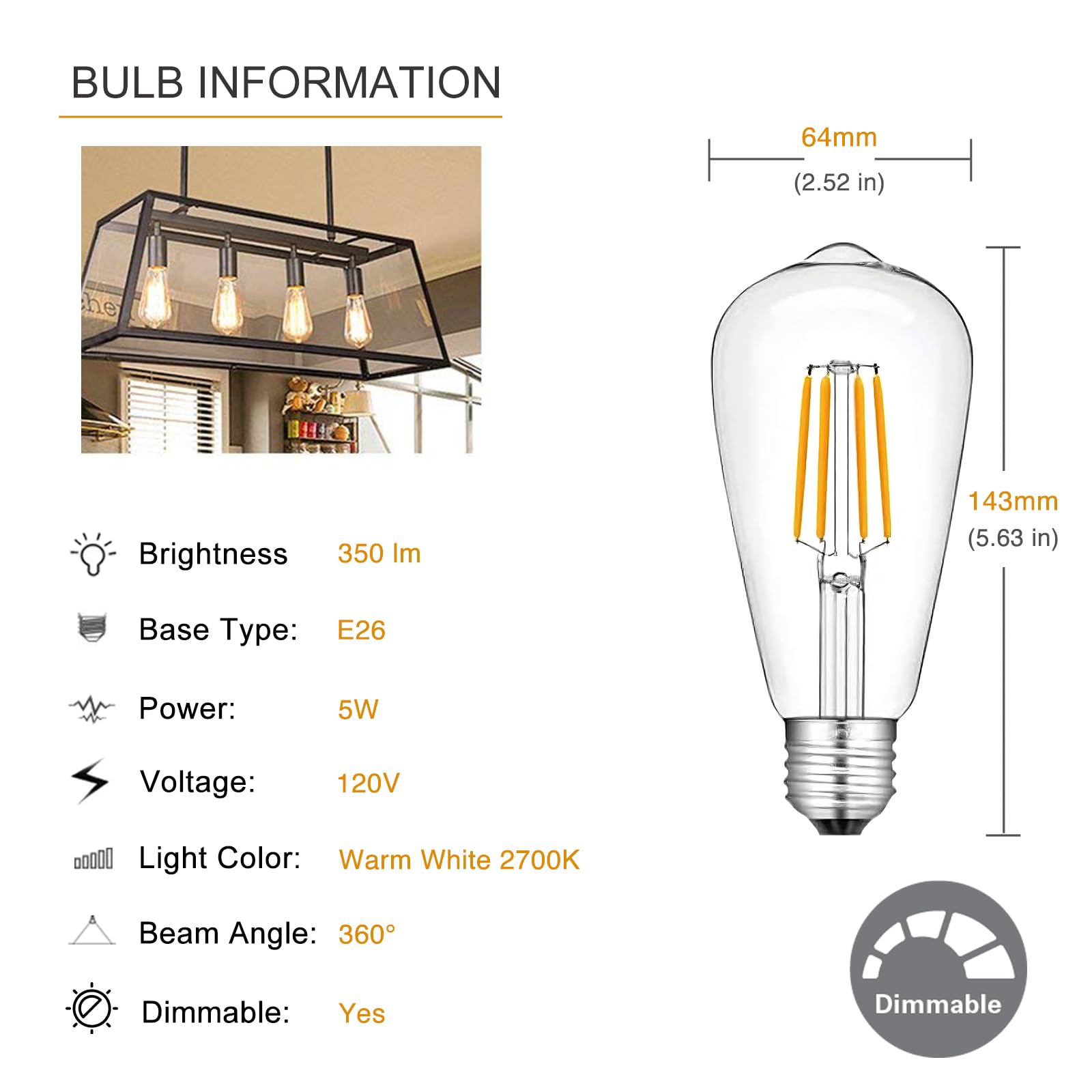 Mavelovs 5W LED Vintage Edison Bulb ST64, E26 Base, 2700K Soft White, 350 Lumens, CRI 80, Energy-Saving Decorative Light Bulb for Pendant, Chandelier, Wall Sconce, Lamp Lighting 3