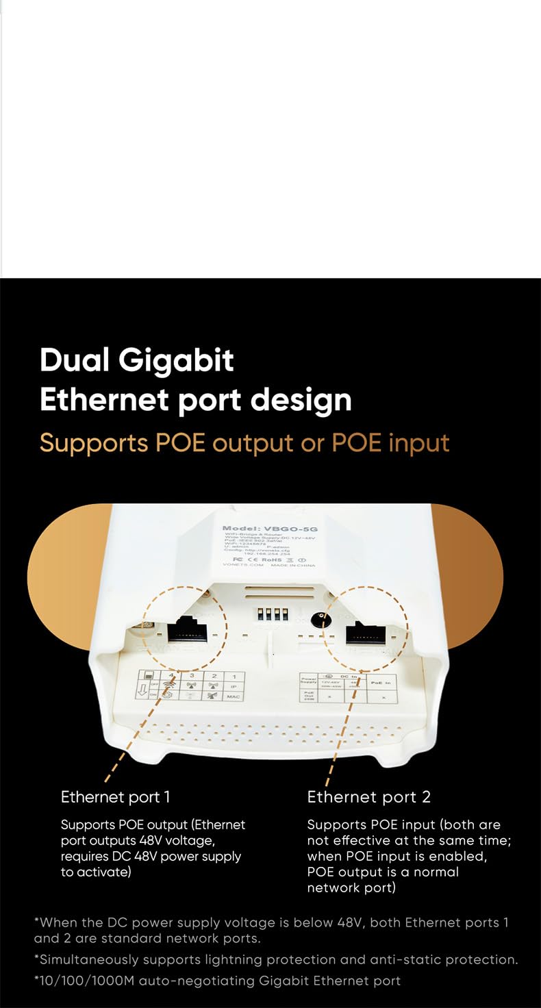 VONETS VBGO-5G Point to Point Wireless Bridge, 5.8GHz 1800Mbps Outdoor WiFi Extender Kit, Pre-Paired Plug & Play, 2 Gigabit Ports, IP65 Weatherproof, Long Range 2KM for Security Camera Network 5