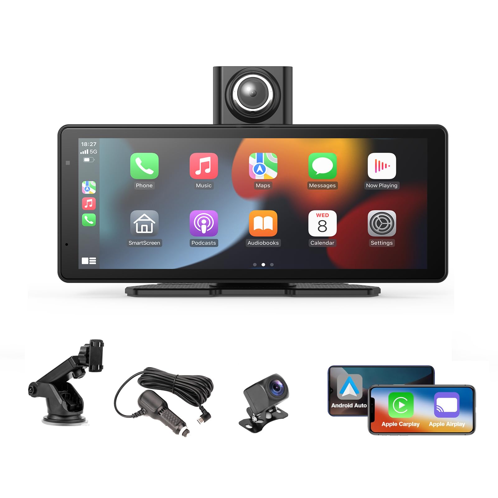 EVERSECU Carplay & Android Auto with Dash Cam - 8.1" HD IPS Touch Car Play Screen for Car, 4K Front & 1080P Rear Camera, Loop Recording, Bluetooth Audio, Mirror Link, GPS 1