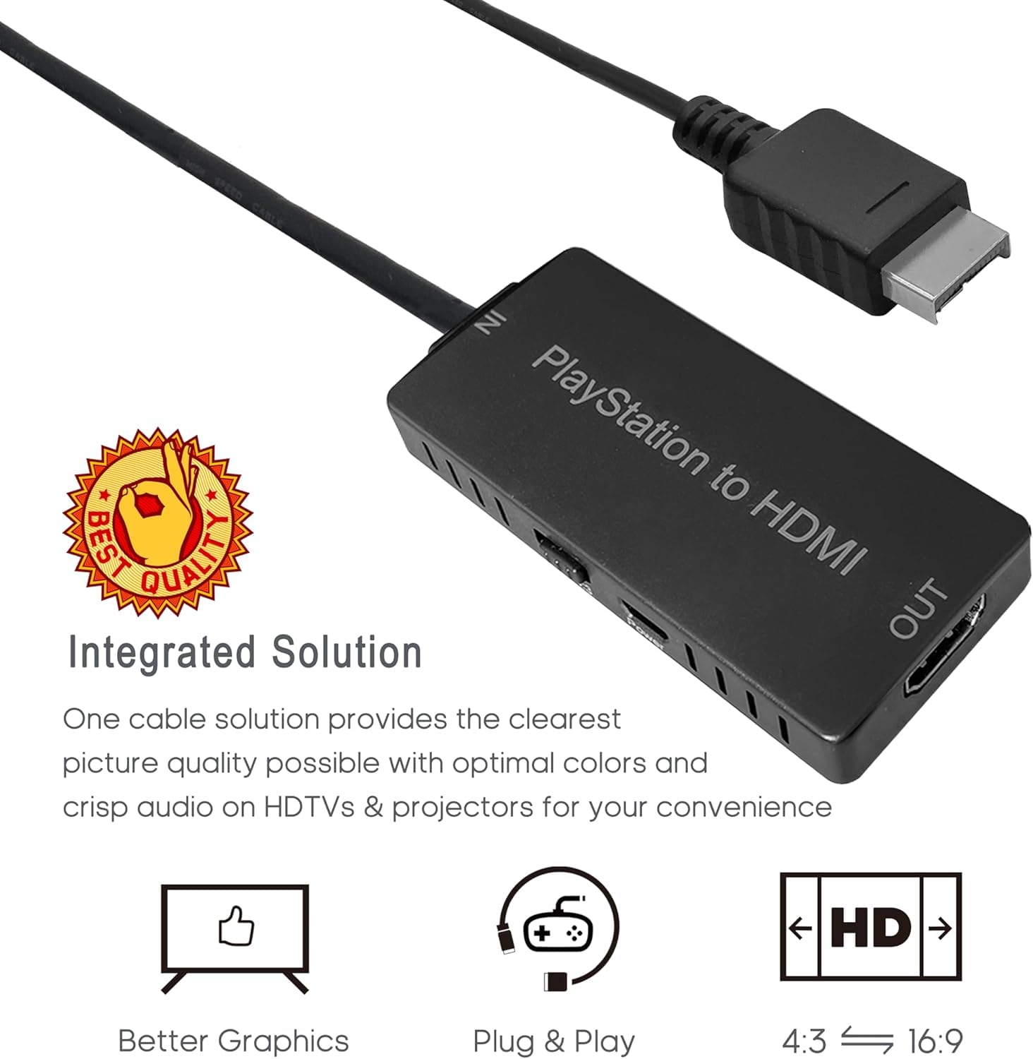 HD Link HDMI Cable for PlayStation 2 & for PlayStation 1 Console, for PS1/PS2 to HDMI Adapter Improved Video Quality, HD Converter with 4:3/16:9 Switch, HDCABLEPS2 No Radio Frequency Radio 4