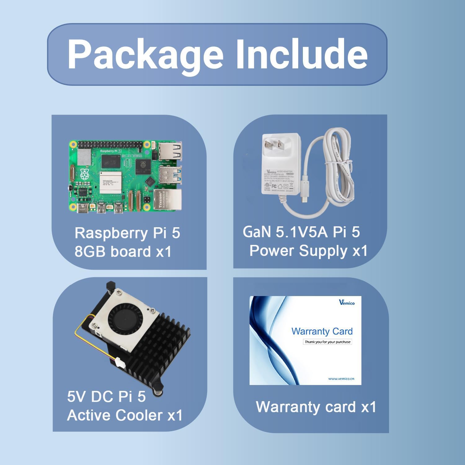 Vemico Raspberry Pi 5 8GB Starter Kit, Pi 5 8GB Single Board, 27W GaN 5.1V 5A Type-C Power Supply & Active Cooler, Ideal for AI, IoT, Robotics & DIY Projects 3