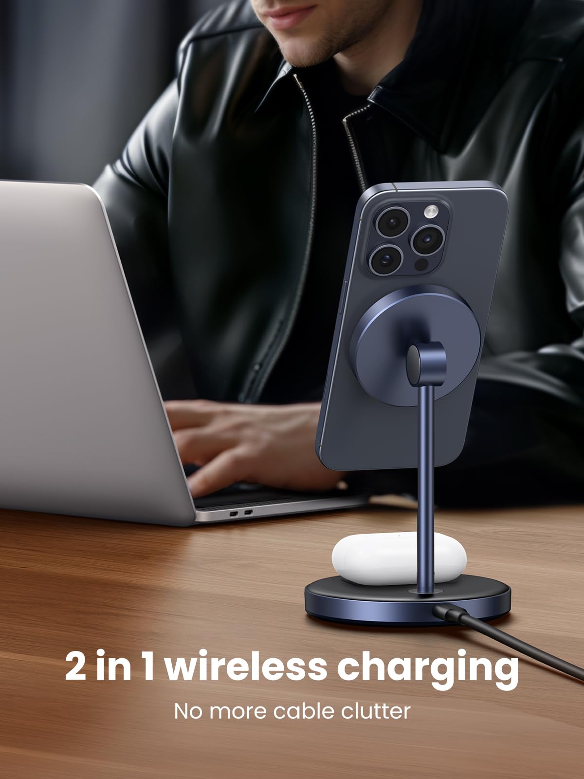 UGREEN MagFlow 2-in-1 Magnetic Wireless Charging Station Compatible with iPhone 16 15 14 13 12 Series and AirPods Series, Wireless Charging Stand with 3 FT USB-C Cable (No AC Adapter) 5