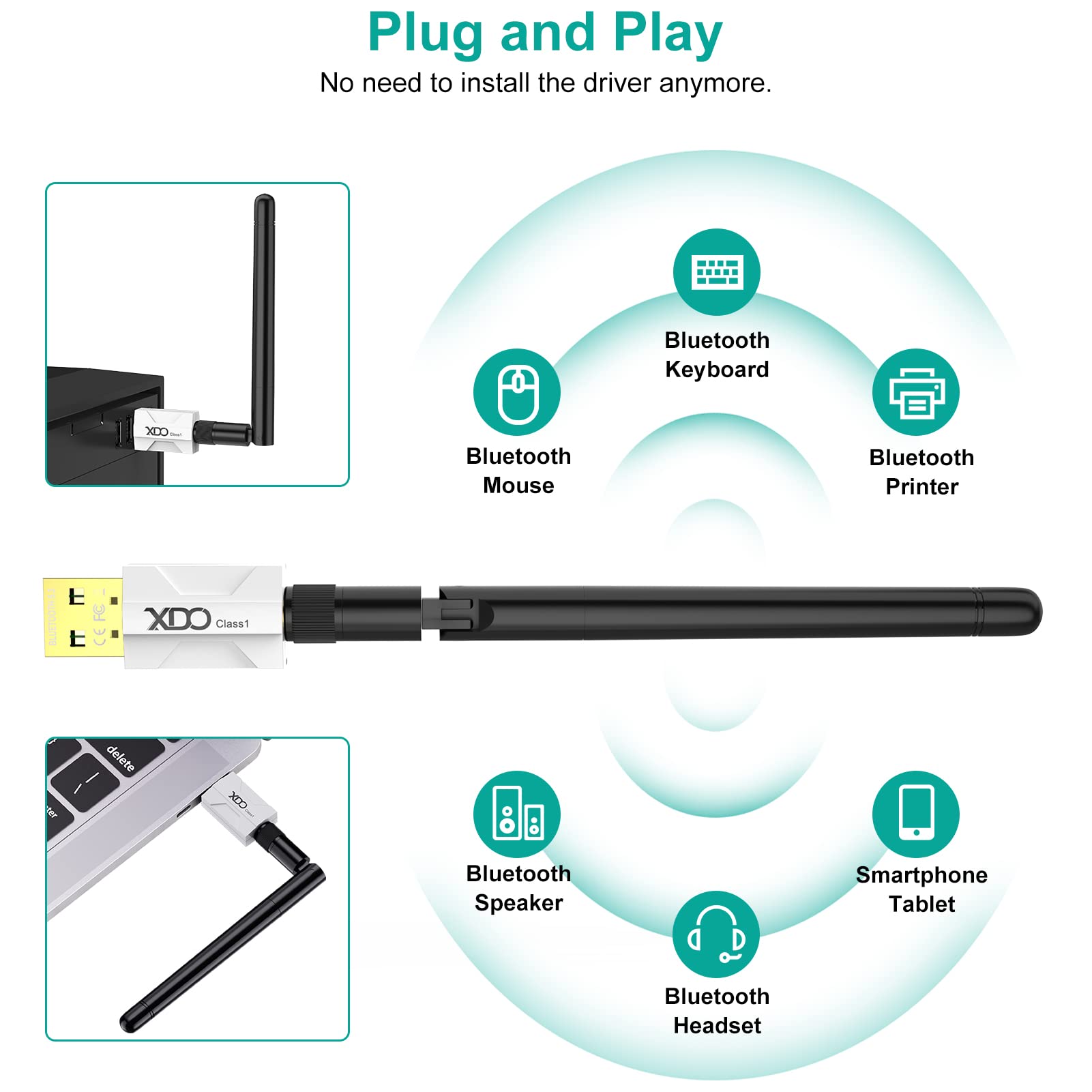 Long Range USB Bluetooth 5.3 Adapter for PC Real Plug & Play Class 1 Bluetooth Dongle EDR 328FT/100M Wireless Transfer Transmitter Receiver for Bluetooth Support Win11/10/8.1 (white-20) 5