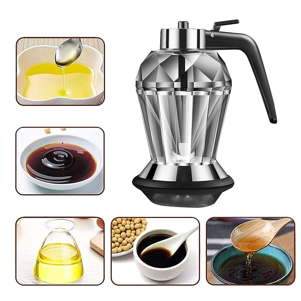 Bticx Glass Oil and Vinegar Dispenser, 200ML Diamond Shape Dripless Glass Honey Dispenser with Stand Seasoning Jar Kitchen Tool for Honey, Oil, Vinegar, Syrup, Salad Dressing 4