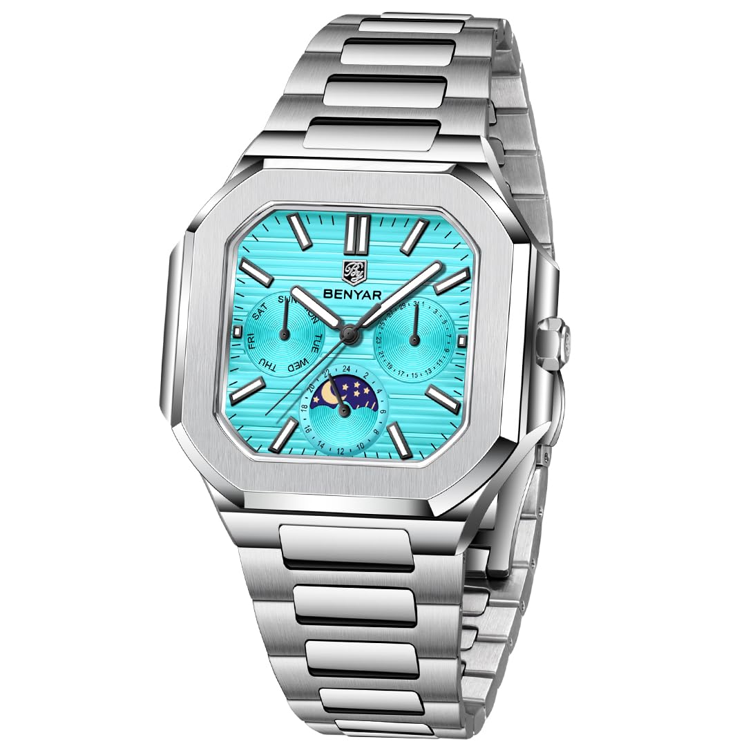 BENYAR Luxury Men's Quartz Watch Multifunctional Chronograph Full Stainless Steel Waterproof Luminous Business Men's Watch BY-5221 (Sky Blue BY-5221) 1