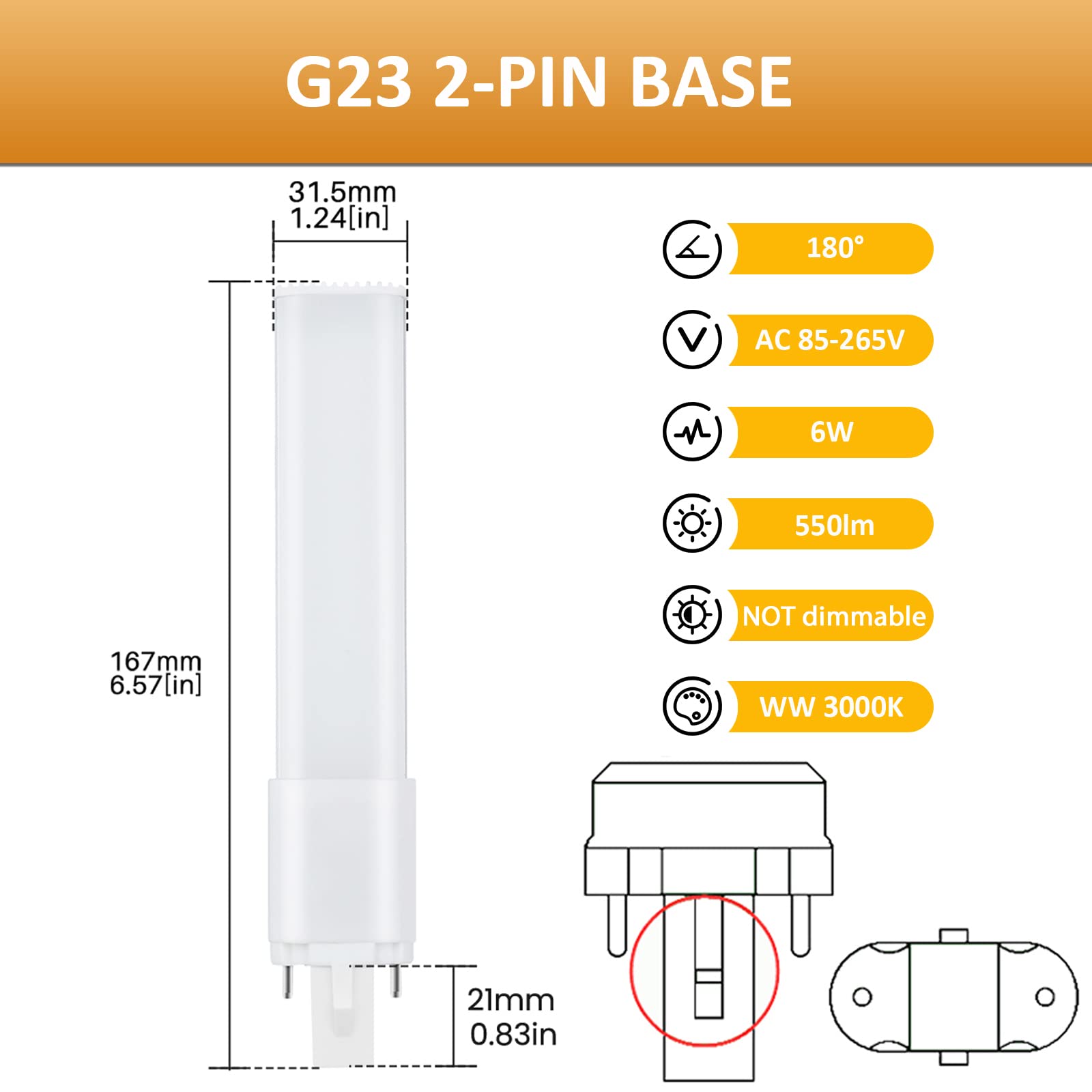 Bonlux 2-Pack 6W G23 2-Pin LED PL-S Lamp Warm White 13W CFL Equivalent, 180 Degree Beam Angle LED PL Horizontal Recessed G23 Bulb for Compact Fluorescent Lamp Replacement (Remove/Bypass The Ballast) 5