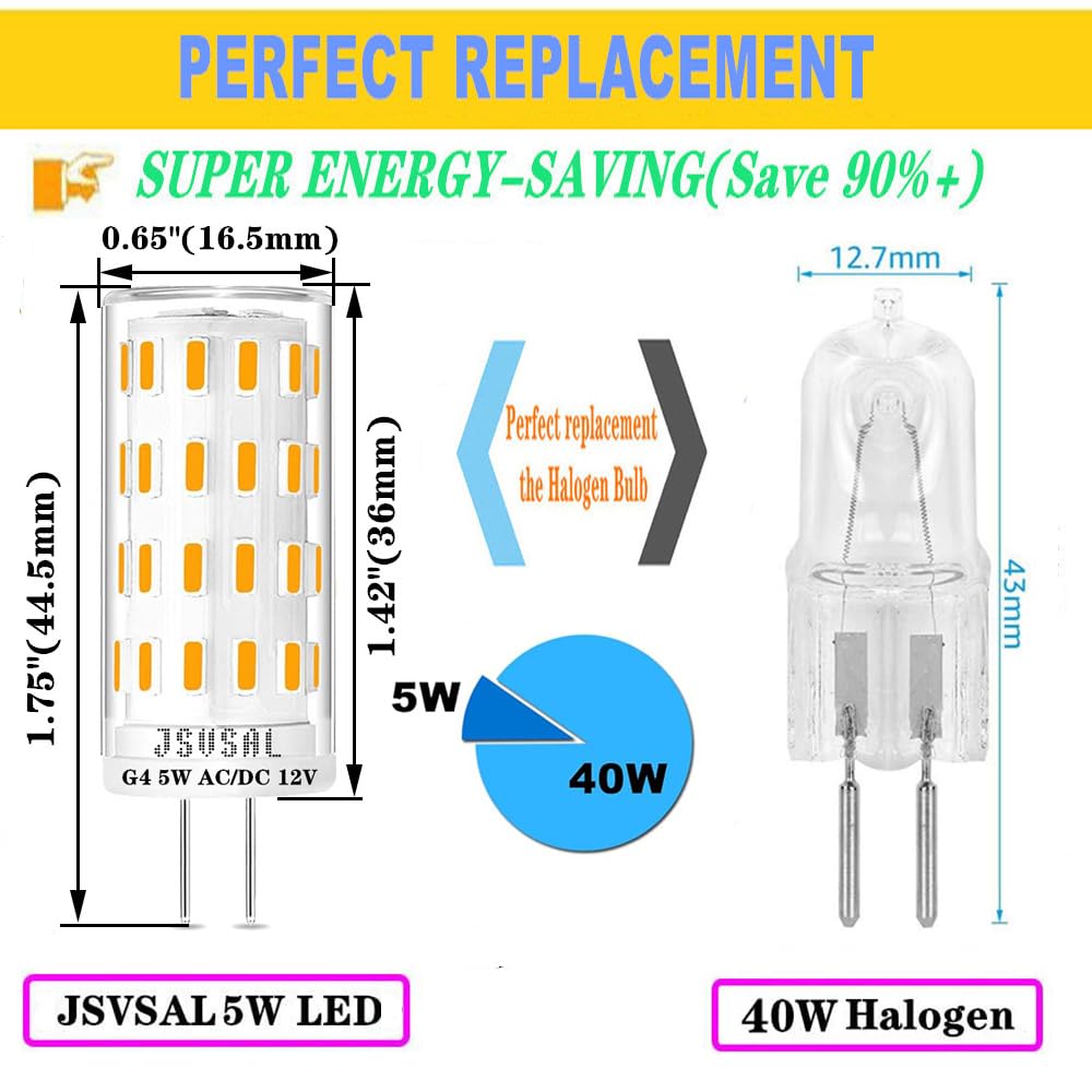 JSVSAL G4 LED Bulb Non Dimmable, 5W Soft White 3000K,Bi-pin T3 JC Type 12V AC/DC,T3 Halogen Bulb Equivalent for Landscape Lighting Deck Stair Step Path Paver Lights,Home Lighting,6-Pack 5
