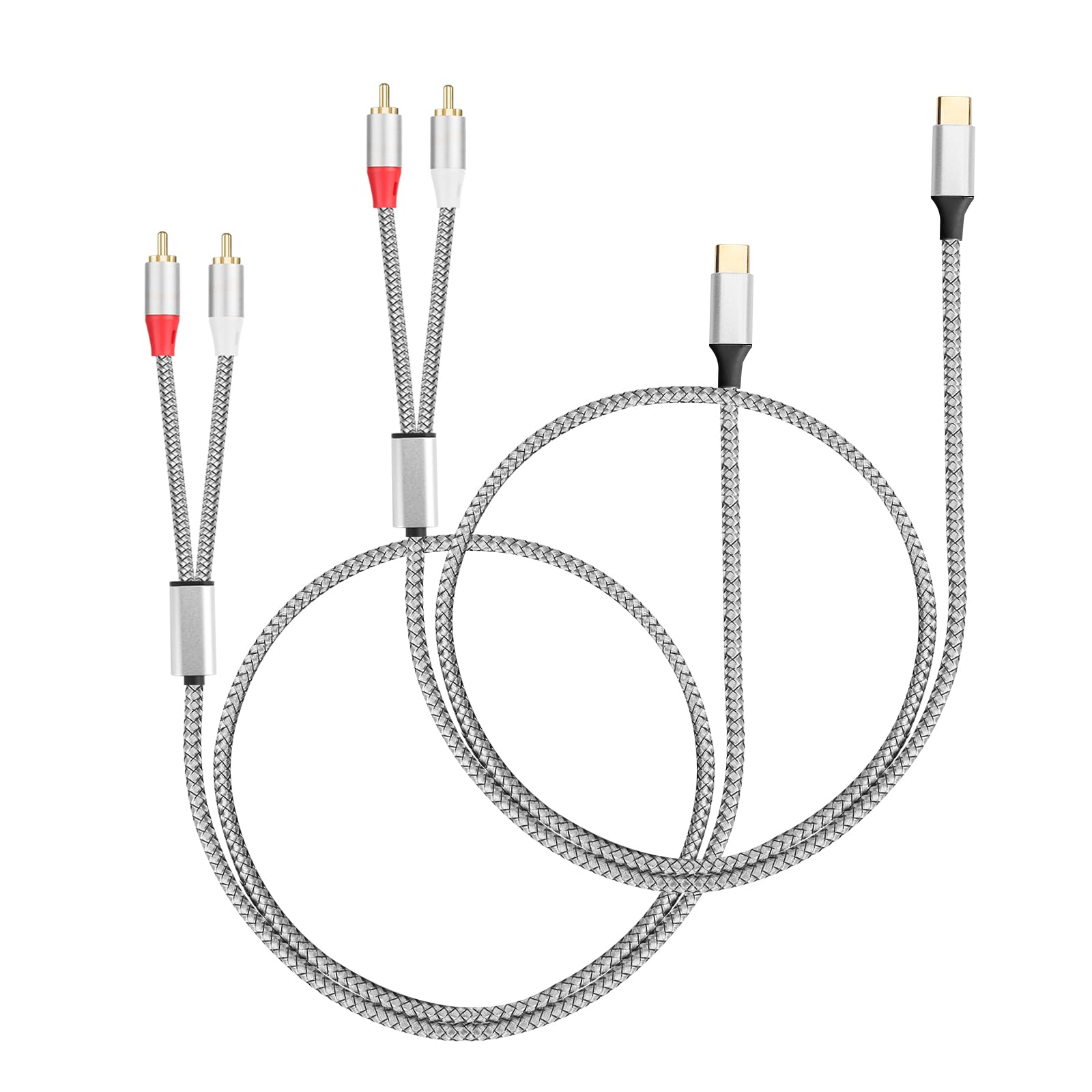 USB C to RCA Audio Cable,3.3 FT Type-C to 2 RCA Male to Male Y Splitter，for iPhone 16 15 Series, Home Theater, DVD, Amplifier, Speaker, Car Stereo, Samsung Galaxy S23(Silver/2 Cable 1