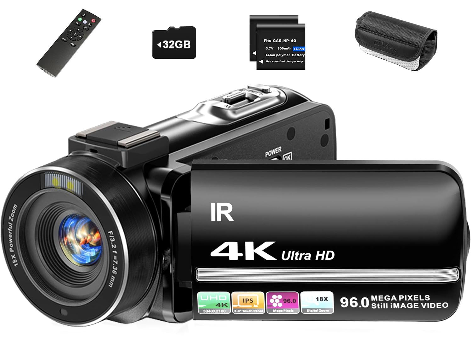 Aidzhi 4K Video Camera Camcorder 96MP UHD Vlogging Camera for YouTube 18X Digital Zoom 3.0 IPS 270° Rotation Touch Screen Video Recorder with Remote Control, Night Vision, 32GB Card, 2 Batteries 1