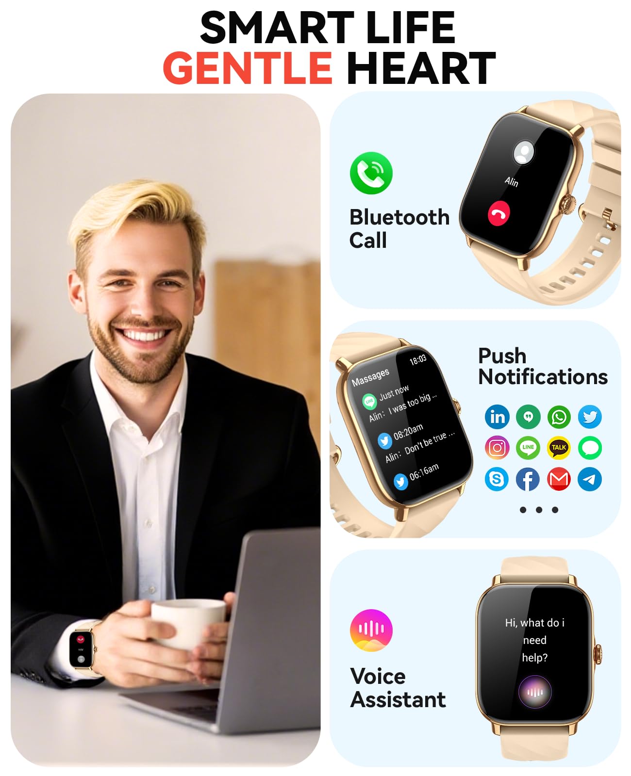 Kriutefy Smart Watches Fitness Tracker for Women Men with Step Counter, Sleep Calorie Monitor, Pedometer, IP68 Waterproof, Smartwatch with 120+ Sports for iPhone Android (Gold) 5