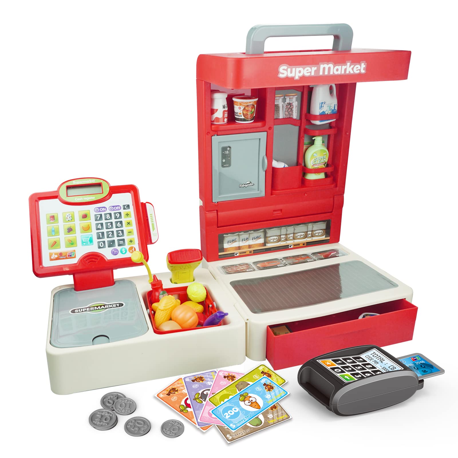 RedCrab Cash Register Toy for Kids,Toddler Store Pretend Plays Supermarket Calculator Cash Register Gift with Scanner, Play Money, Play Food for Boys & Girls 1