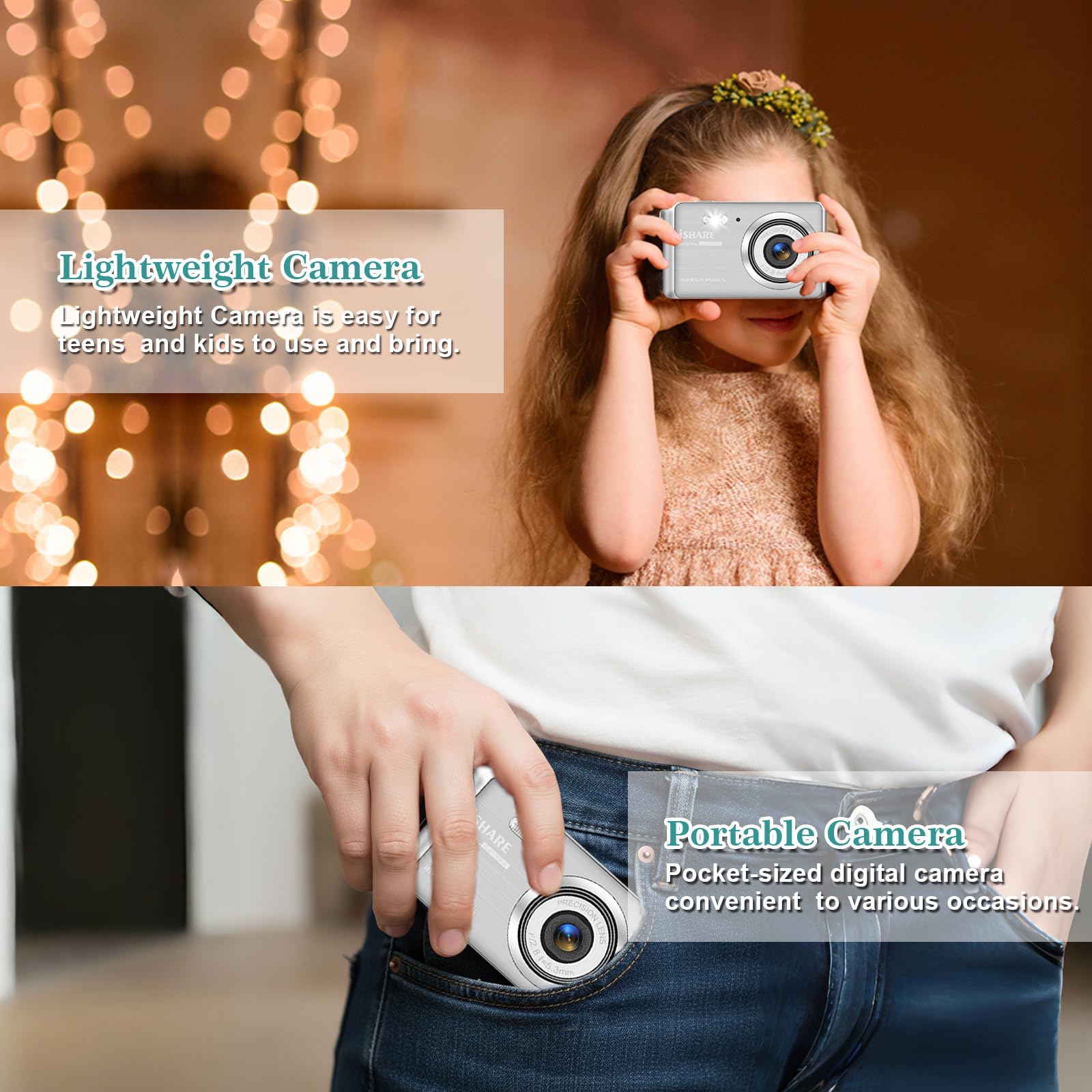ISHARE Kids Digital Camera 30MP 1080P, Compact Pocket Camera with 18X Zoom, 2 Batteries & 32GB Card for Beginners Teens Seniors (Silver) 3