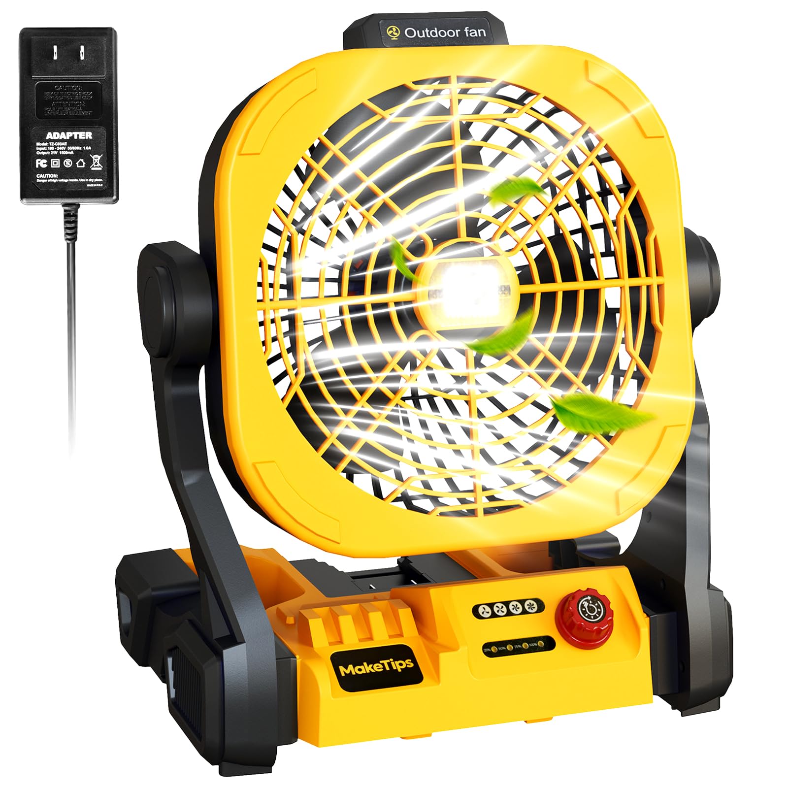MakeTips Battery Operated Fan for DeWalt 20V Max Battery (Not Included) – High Airflow Portable Cordless Camping & Jobsite Fan with 4 Speeds, AC Adapter, LED Lights & Hanging Hook for Outdoor Use 1