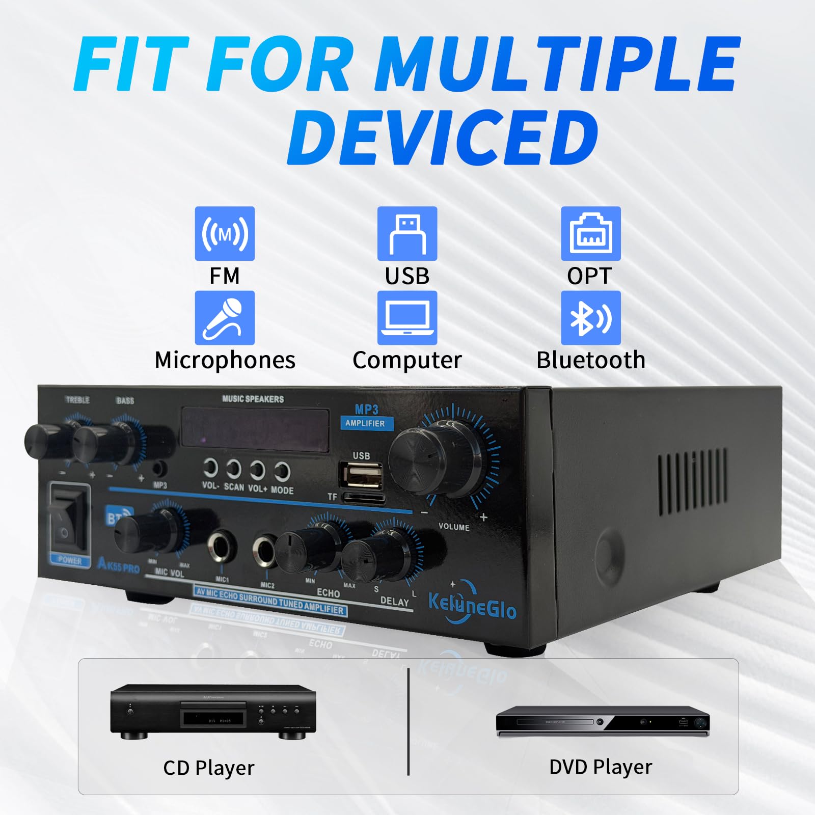 KG AK55 PRO Home Audio Amplifier Receiver — Dual-Channel (Max 500W / RMS 25W x 2) Stereo Amplifier, Bluetooth 5.0 Speaker Amp, Supports FM Radio/USB/SD Card Playback, Includes Remote Control 4