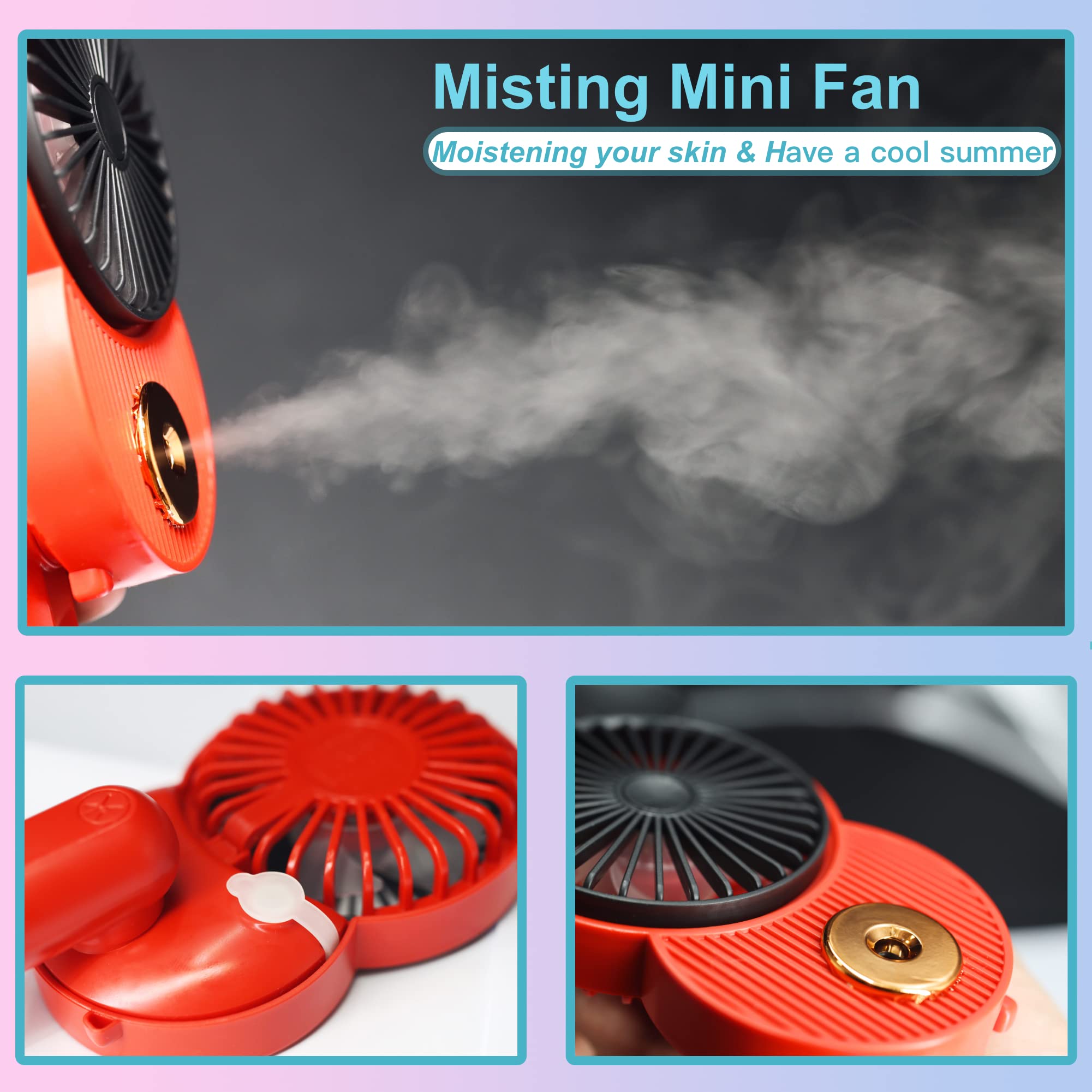 LACOVIA Cute Mouse Misting Mini Fan, Handheld Portable USB Rechargeable Fan with 3 Adjustable Speeds, Foldable For Travelling(Red&Green) 3