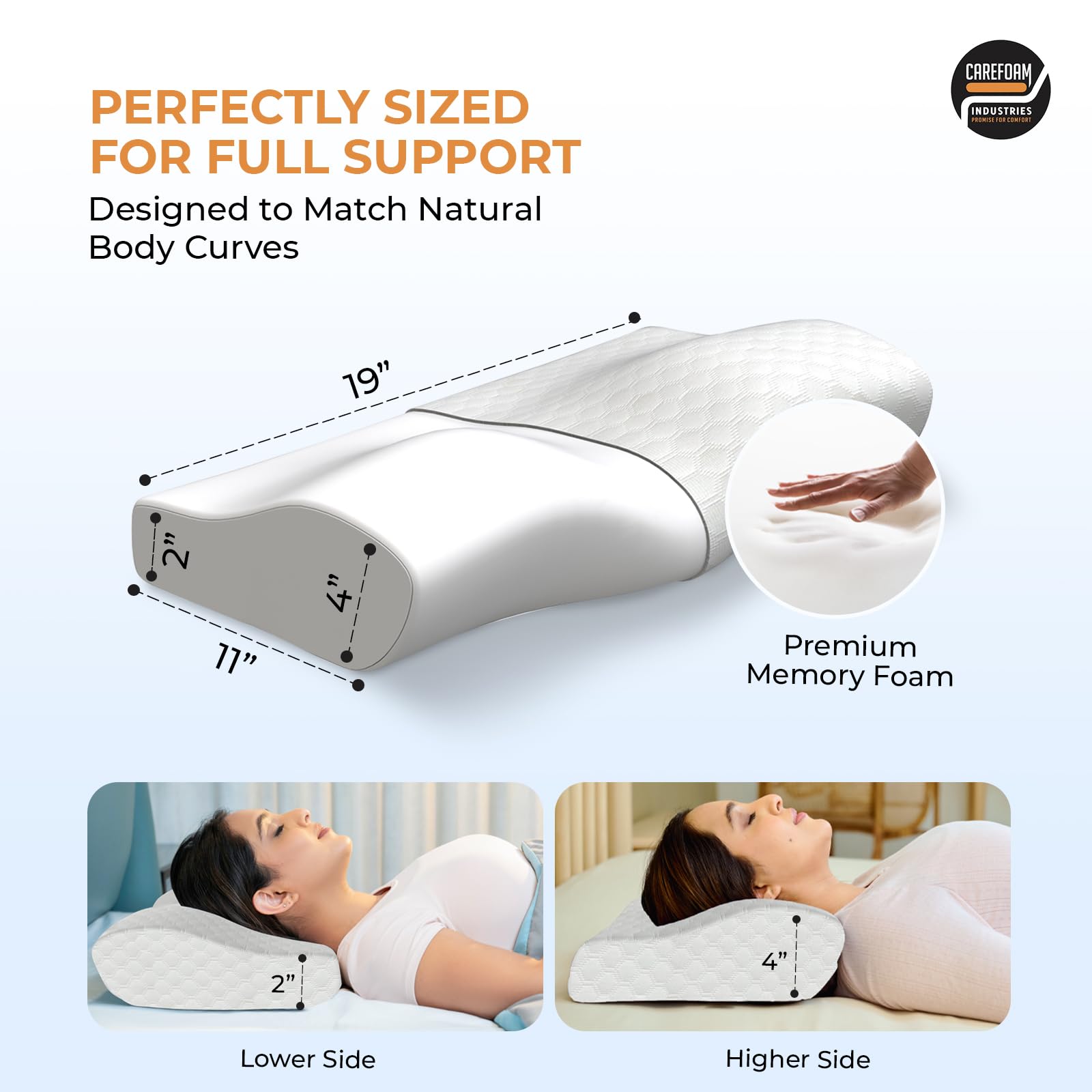 CareFoam Memory Foam Cervical Neck Pillow | 2 Years Warranty | Pain Relief Sleep, Improves Posture, Spinal Alignment, Neck Pain Relief | 19 x 12 x 4 Inch | White Jacquard Cover | Pack of 1 3