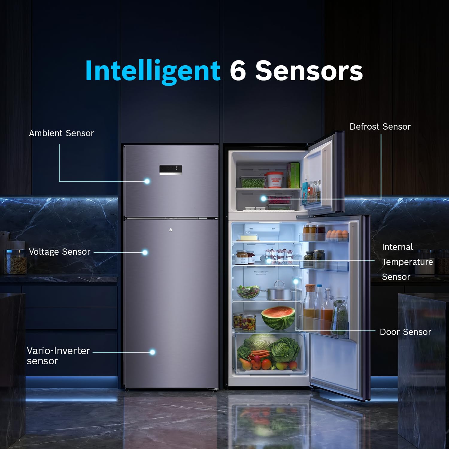 Bosch 243L, 2 Star, Frost Free Double Door Refrigerator | 6-in-1 Convertible Modes | 80min Convert | Touch Panel | Extend Cool up to 18 hrs | SuperFreeze (CTC27U12VI, Dark Lake, 2026) 6
