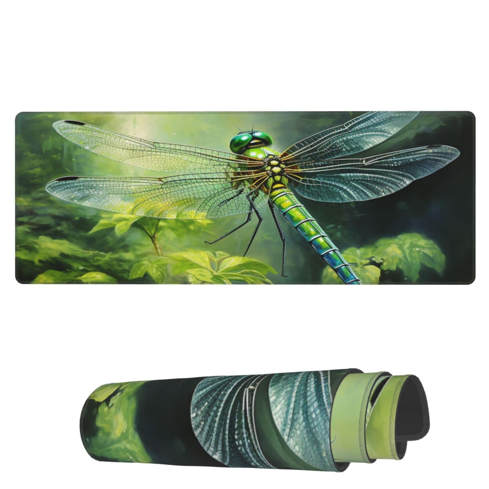 Famame Laptop Mouse Pad Green Dragonfly on Leaves Desk Mat with Stitched Edges 31.5X 11.8 inch Non-Slip Large Keyboard Rubber Writing Table Mat for Office Home 1