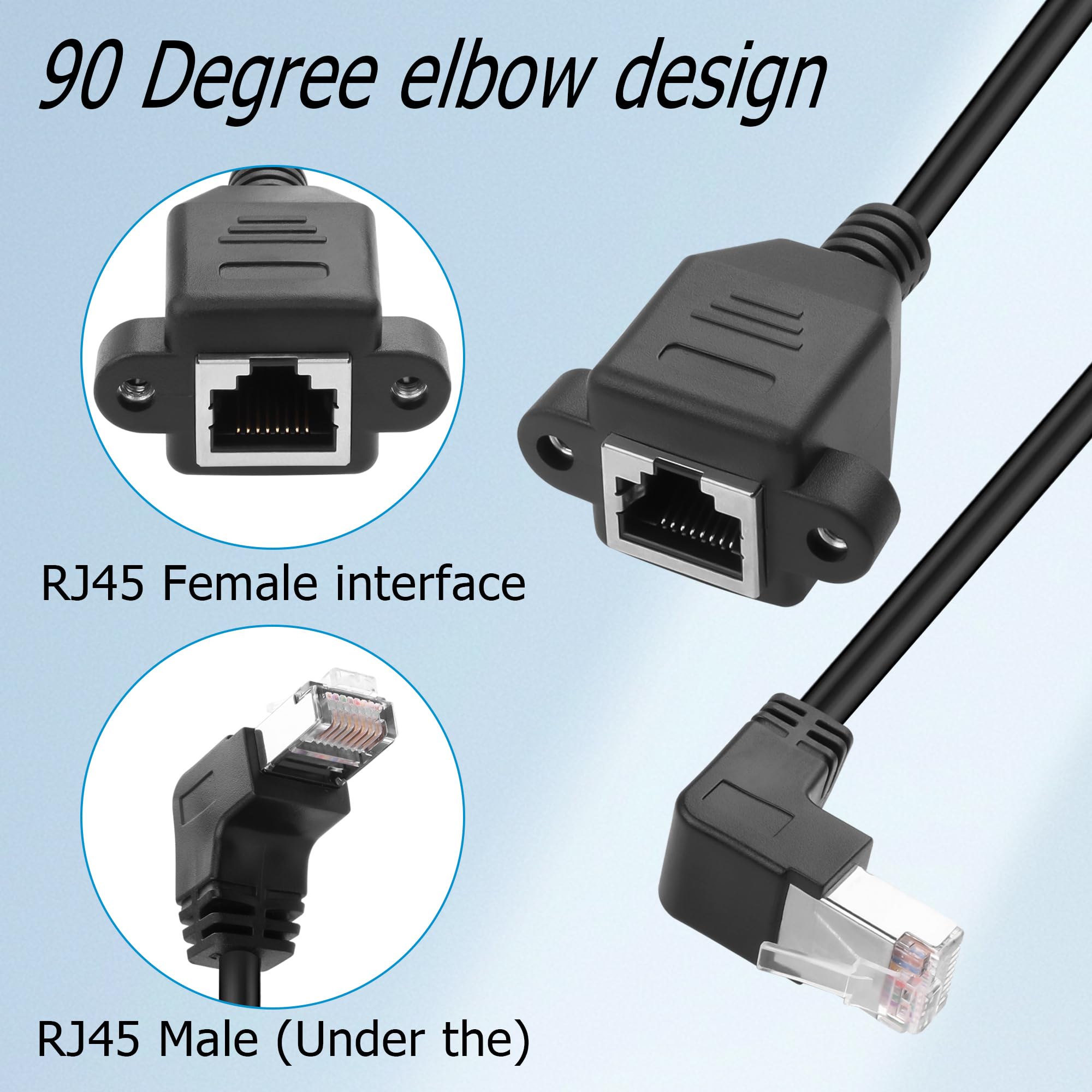 YACSEJAO 90 Degree Cat5e Ethernet Extension Cable 2FT/0.6M RJ45 Male to Female Shielded Ethernet Network Patch Cable with Panel Mounting Holes (Down Angle) 4
