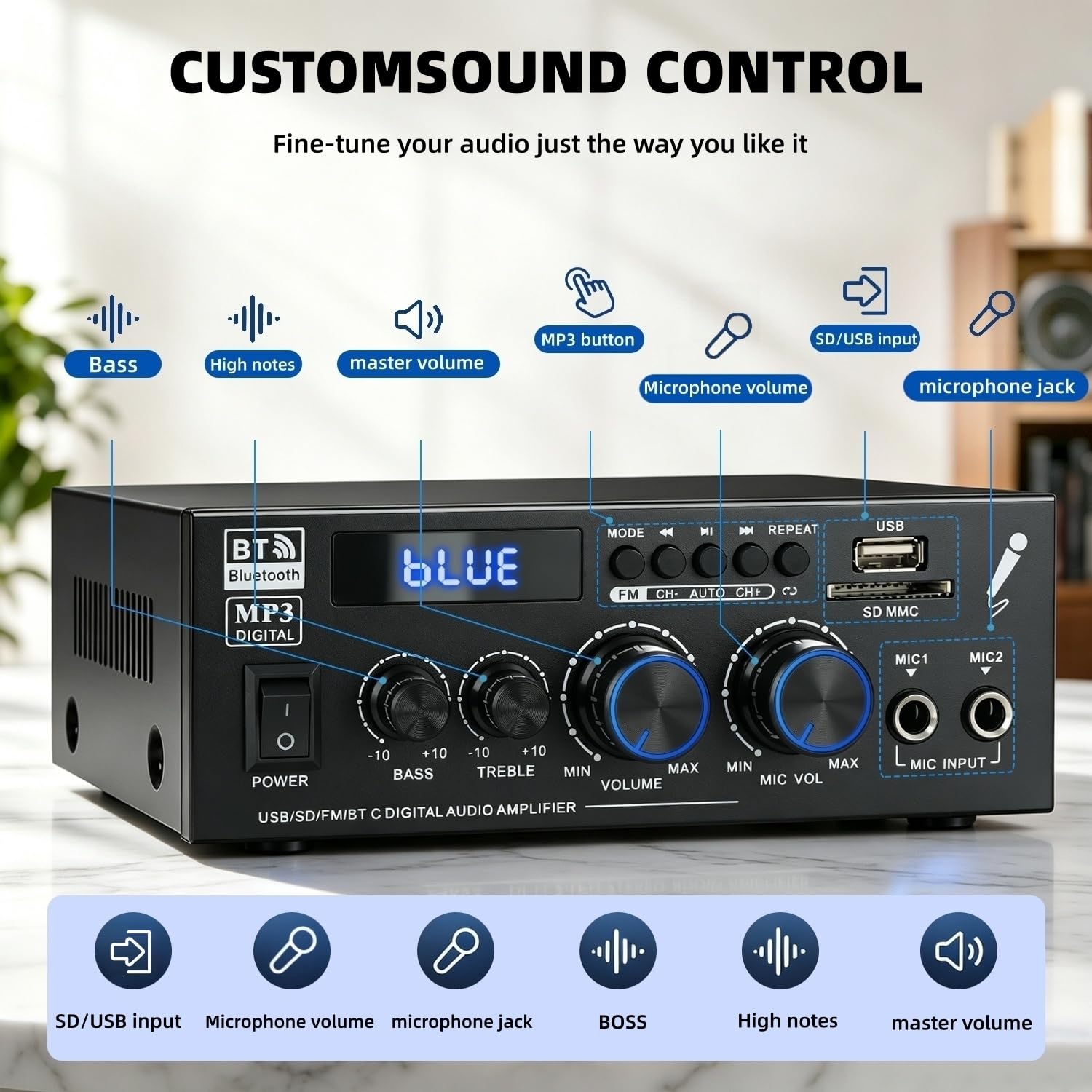 Bluetooth 5.0 Stereo Receivers,2 Channel 450W Home Amplifier 3