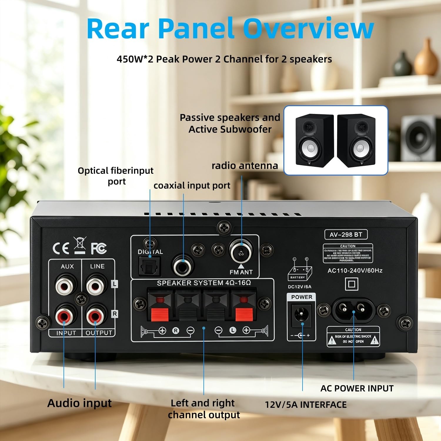 Bluetooth 5.0 Stereo Receivers,2 Channel 450W Home Amplifier 4