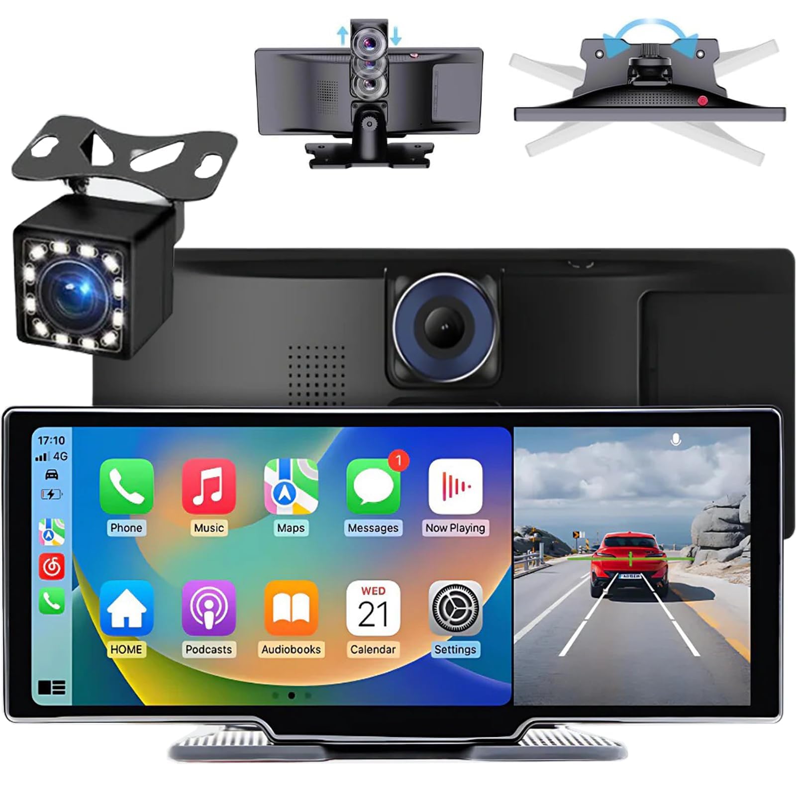 Car Tablet Pro Max 2025, Wireless CarTablet Pro Max 2025 Model 4K Front and Rear Dash Cam, 10.26" HD Portable Carplay & Android Auto Screen 1080P Backup Camera Voice Control (with Reversing Camera) 1
